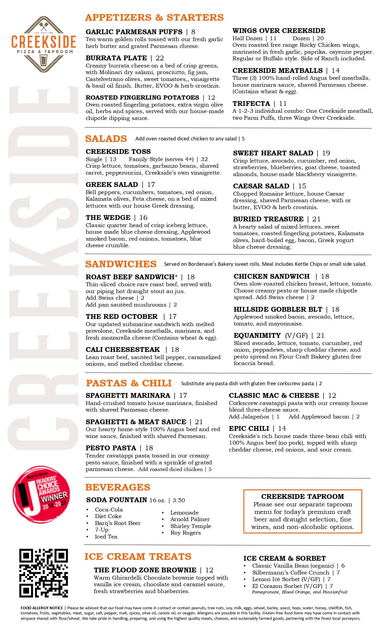 creekside's menu for july 2026 page 1