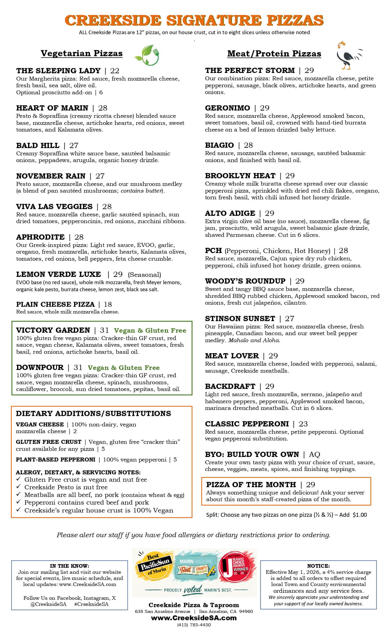 creekside's menu for july 2026 page 1